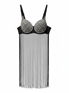 Black Rhinestone Padded Bra with Fringe